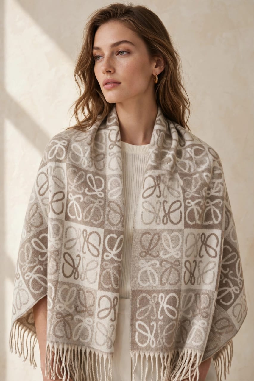 Women's Anagram Checked Cashmere Stole Wrap with Fringe Trim