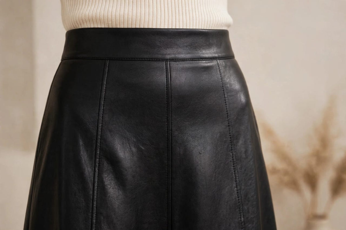 Women's Elegant High-Waisted Paneled Leather A-Line Midi Skirt