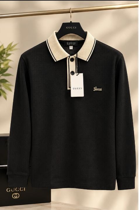 Men's Script Embroidered Long-Sleeve Contrast Polo Shirt