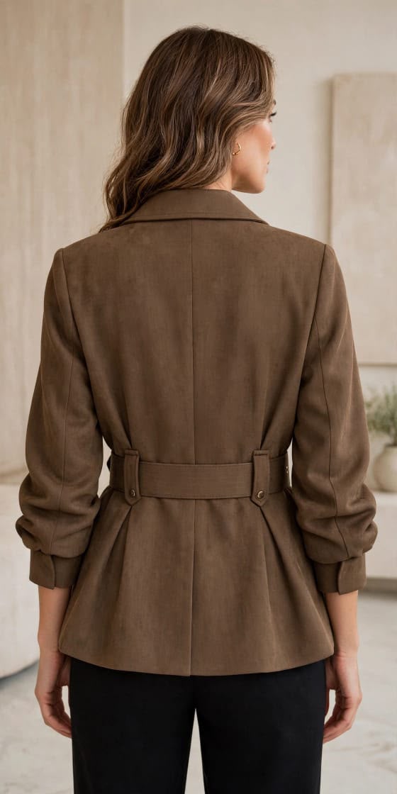 Elegant Belted Blazer Blank & Brown