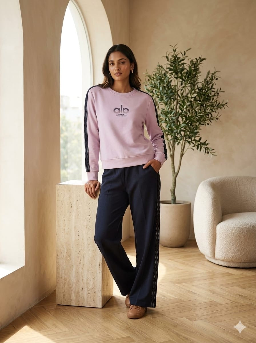 Studded Side-Stripe Crewneck Sweatshirt & Wide-Leg Track Pants Set