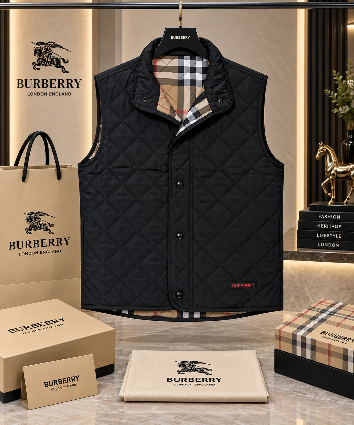 Men’s Diamond-Quilted Gilet | Heritage Plaid Lined Sleeveless Vest