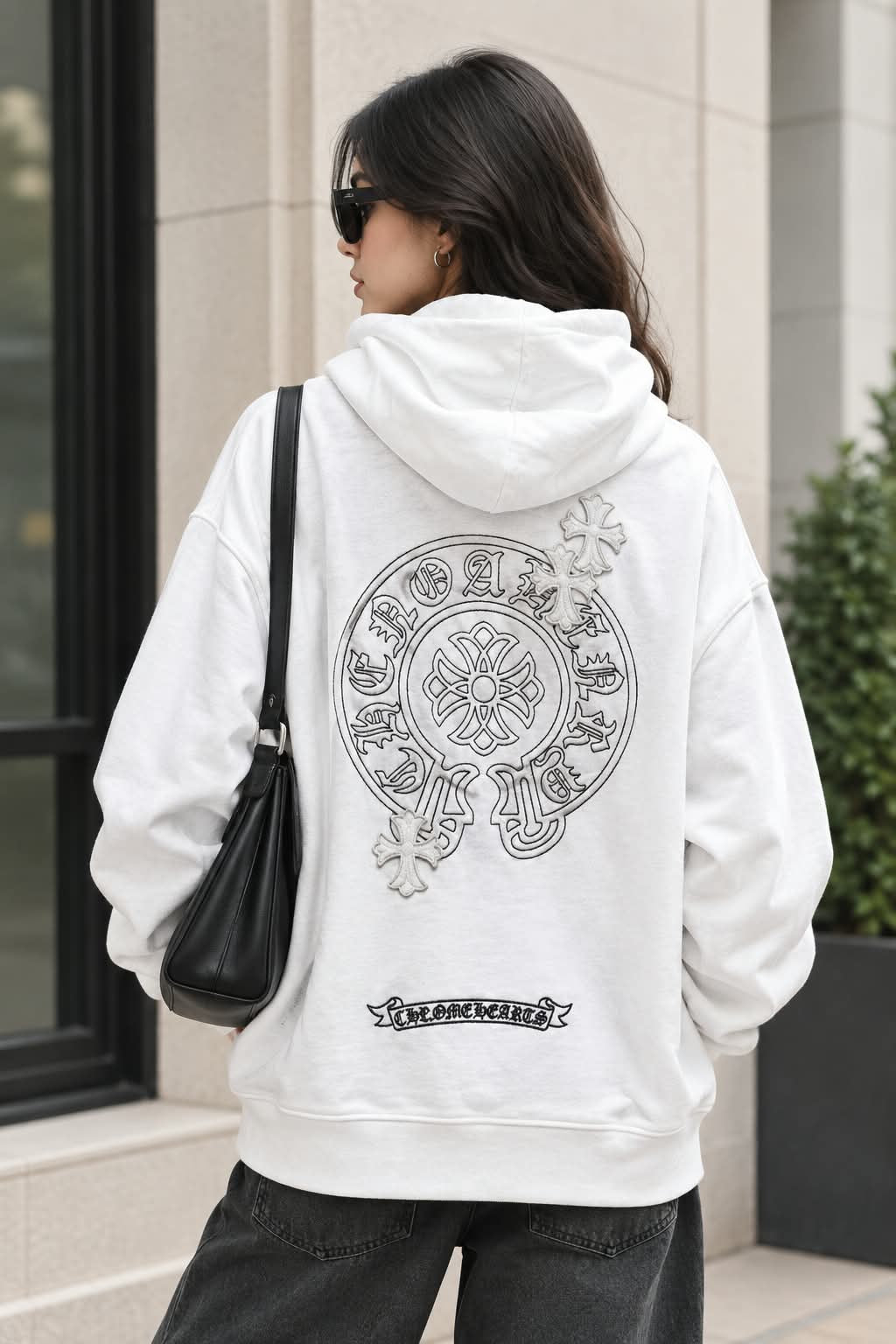 Distressed Cross-Patch Oversized Full-Zip Hoodie