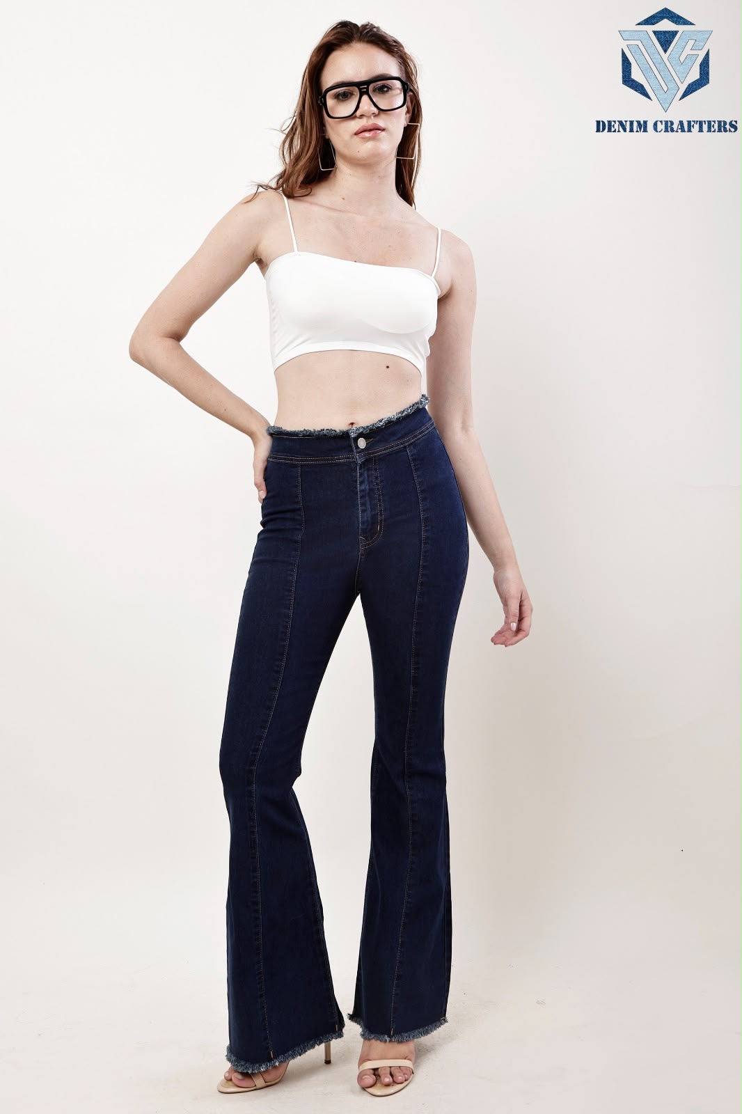 Waisted Dark Wash Flare Jeans with Fringed Waistband & Raw Hem