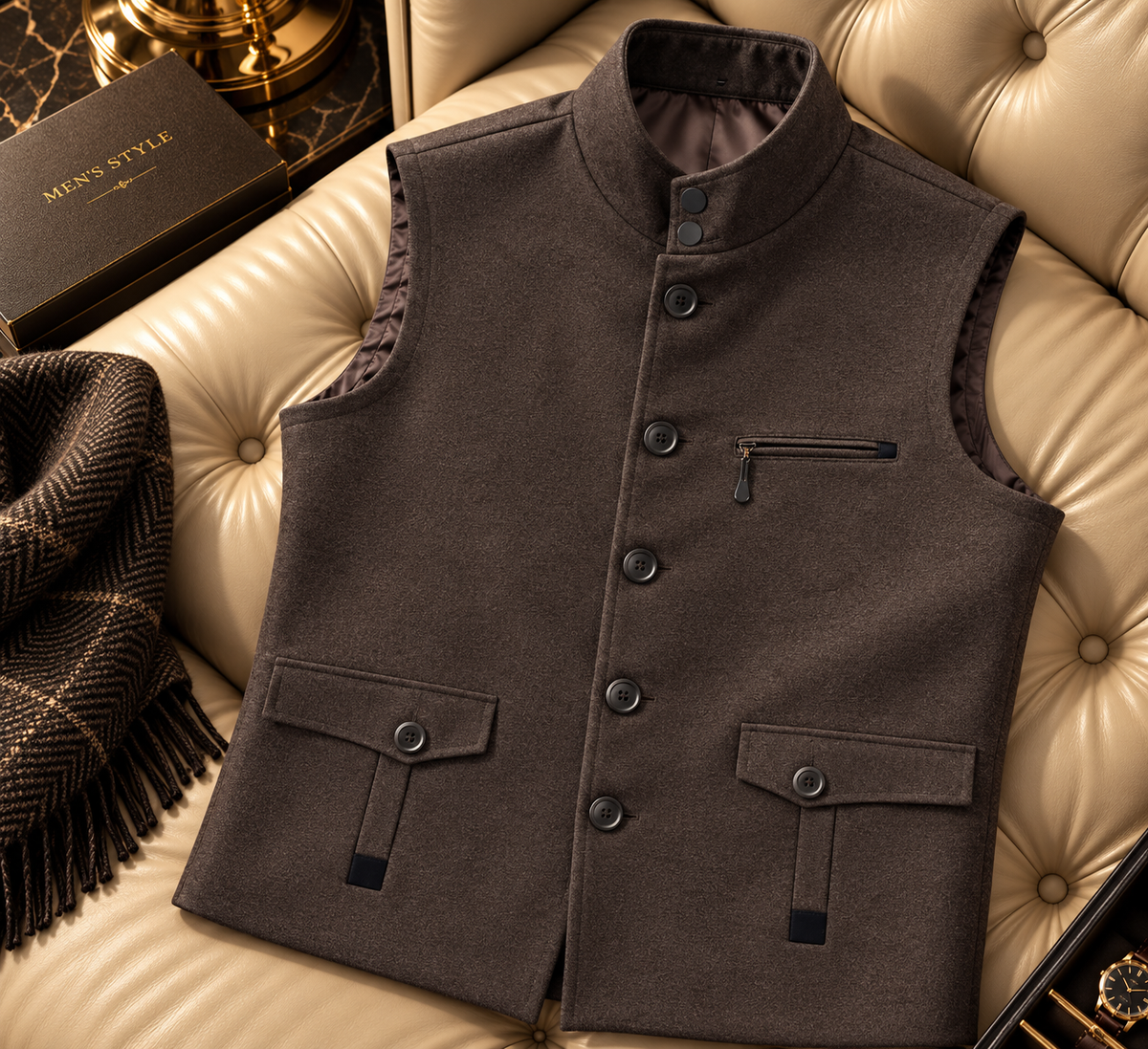 Men's Mandarin Collar Wool-Blend Formal Waistcoat with Multi-Pocket Detail