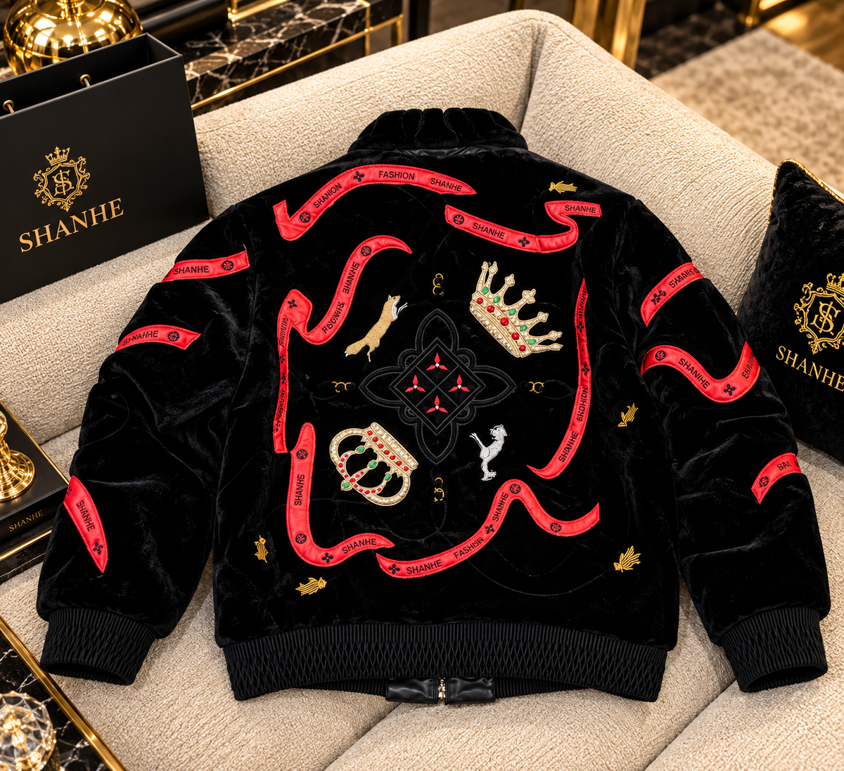"Royal Crest" Black Velvet Bomber Jacket with Red Ribbon and Crown Embellishments
