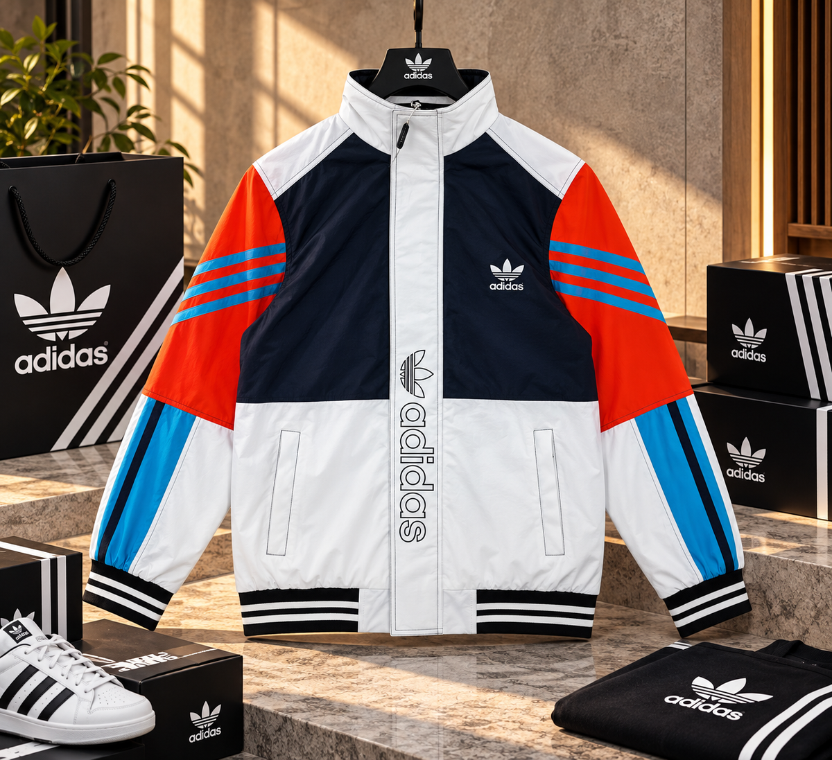 Colorblocked Retro Zip-Up Streetwear Track Jacket with Vertical Outline Branding