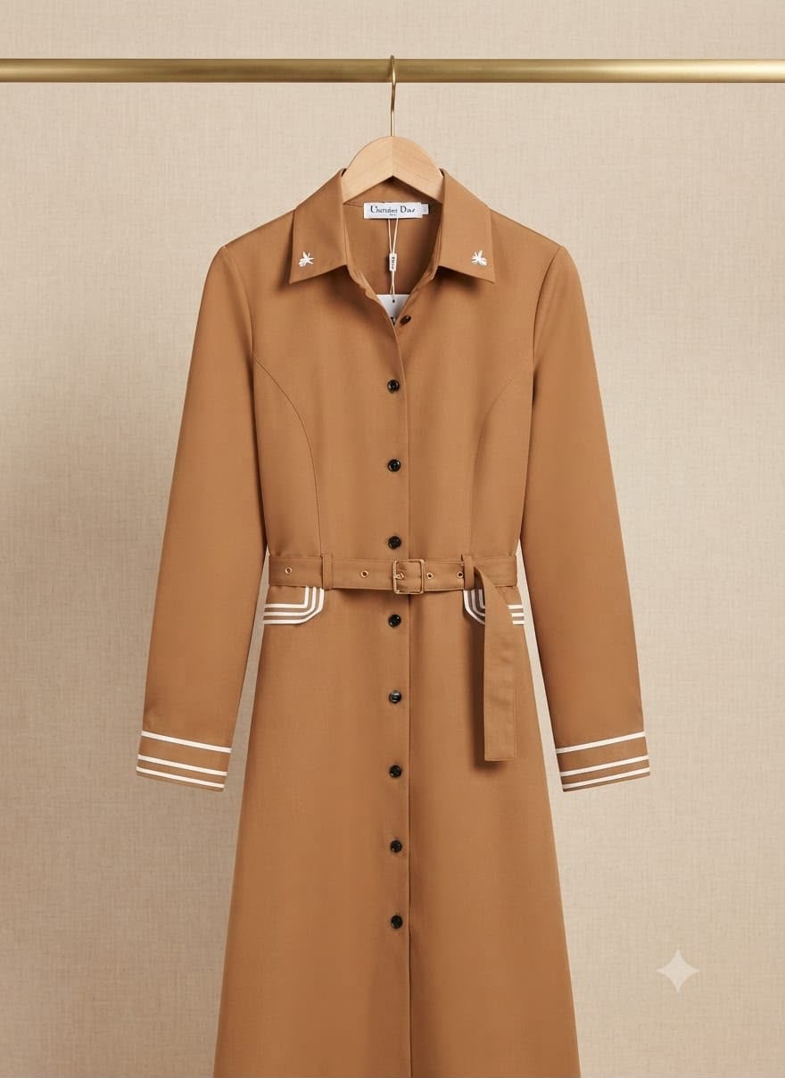 Embroidered Collar Belted A-Line Midi Shirt Dress