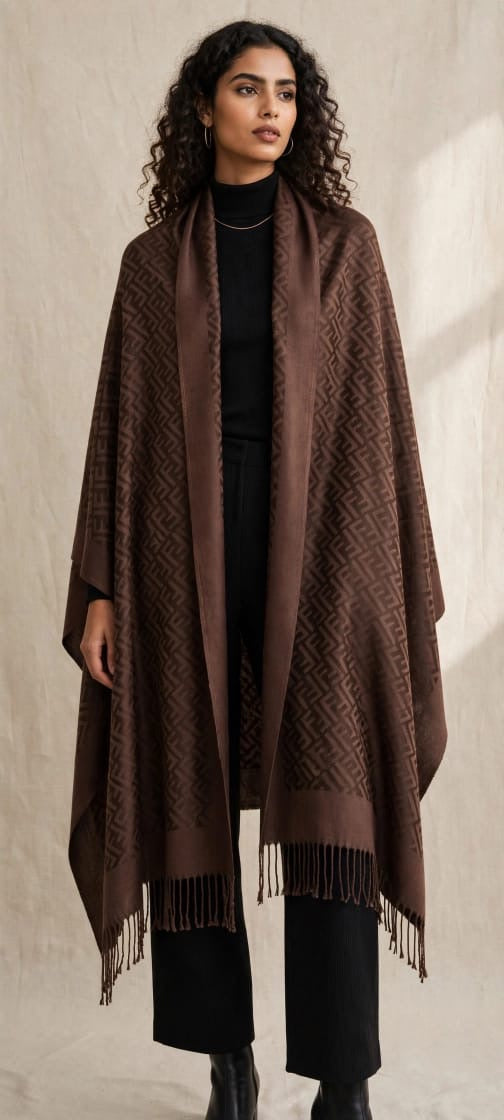 Women's Jacquard Monogram Fringed Cape Shawl