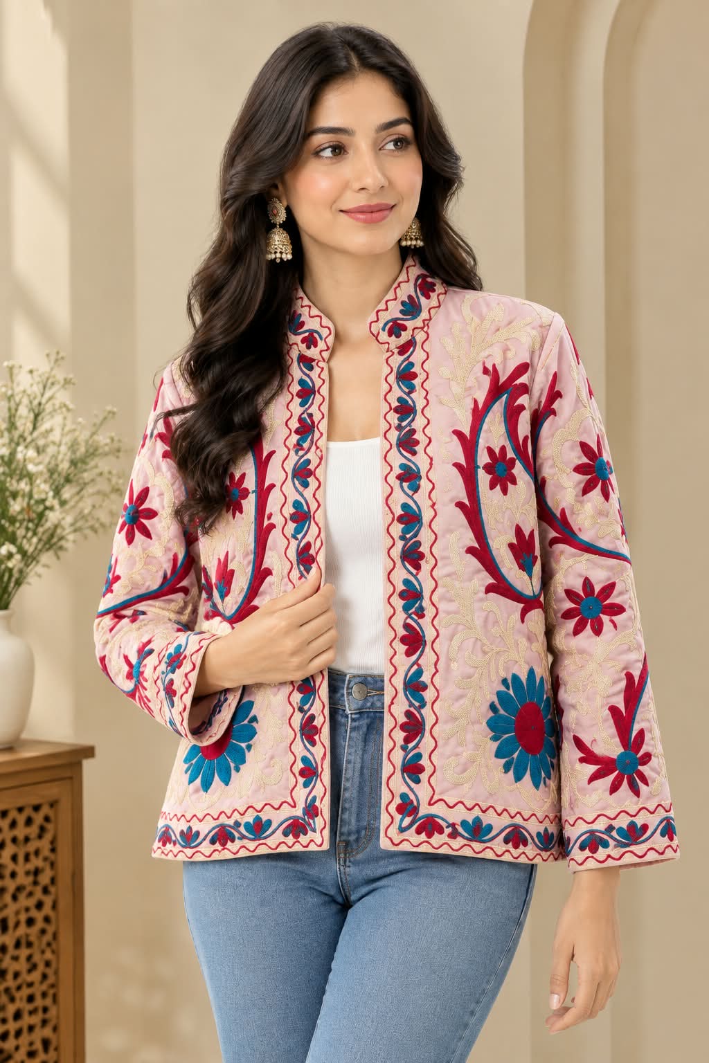 Women's Boho Floral & Peacock Embroidered Open-Front Jacket