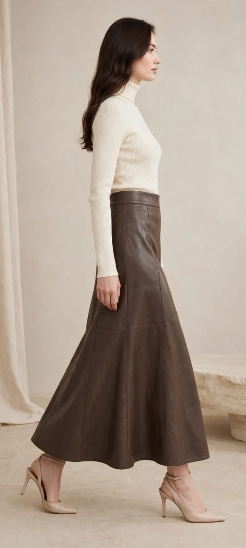 Women's Elegant High-Waisted Paneled Leather A-Line Midi Skirt