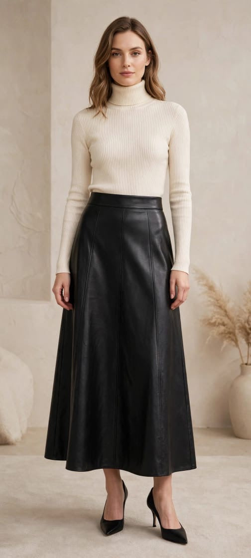 Women's Elegant High-Waisted Paneled Leather A-Line Midi Skirt