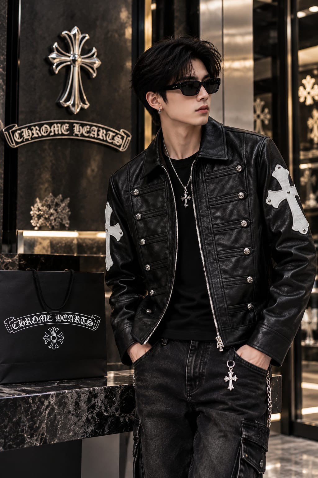 Men's Gothic Cross Military Leather Jacket
