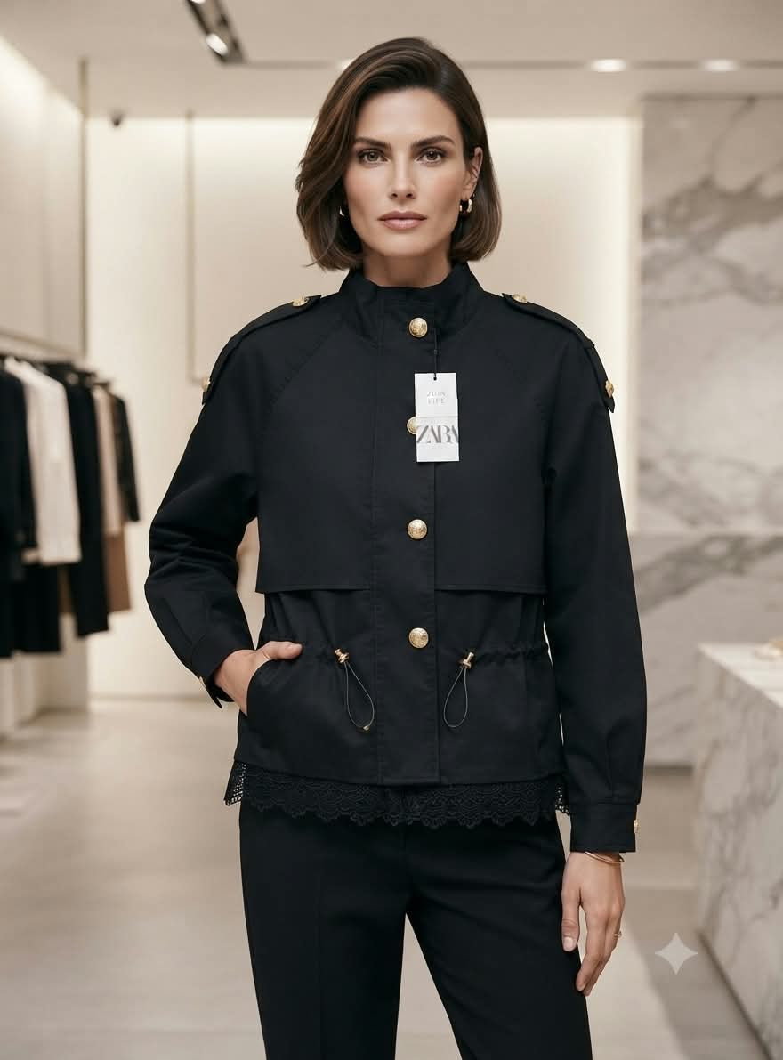 Women's Utility High-Neck Jacket with Lace Hem & Adjustable Drawstring Waist