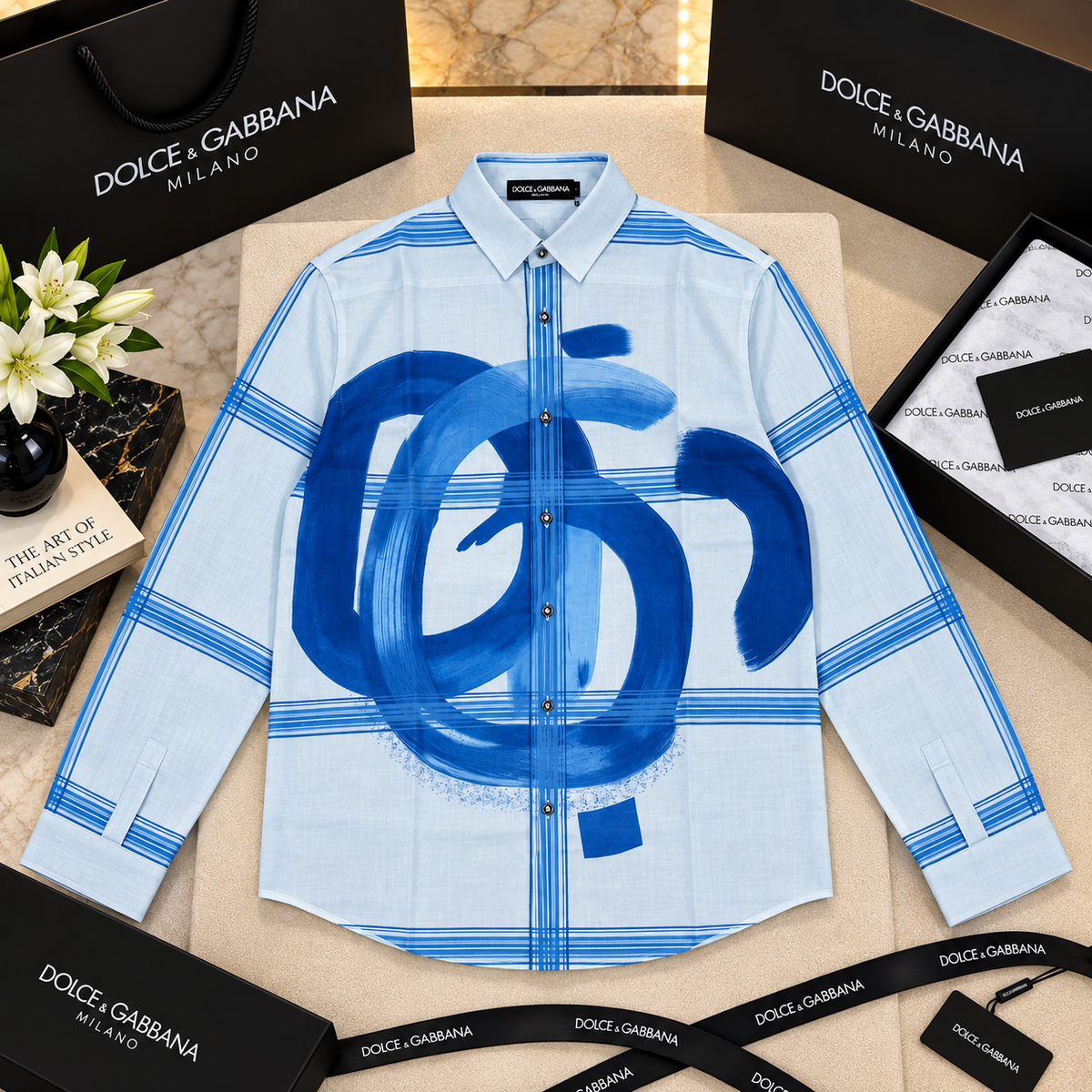 Abstract Brushstroke & Windowpane Grid Long-Sleeve Shirt