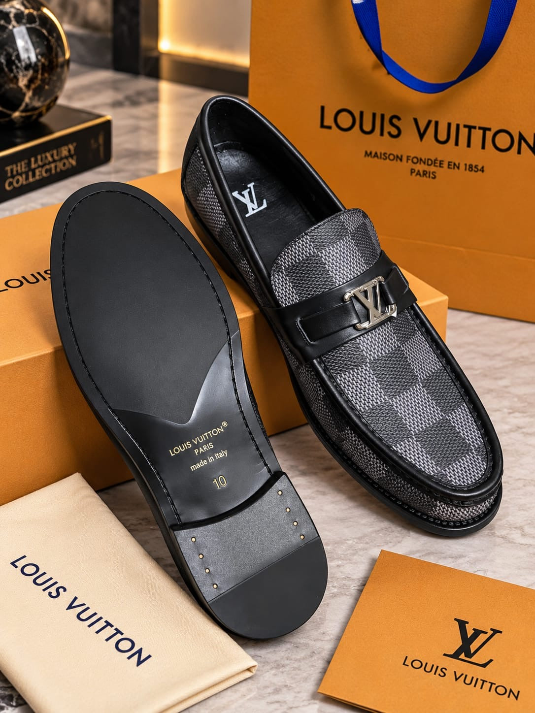 Damier Canvas Dress Loafers with Initial Buckle Strap