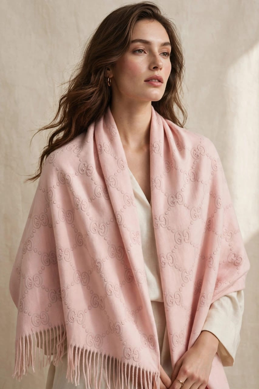 Women's Embossed Monogram Cashmere Wrap Stole with Tassel Fringe