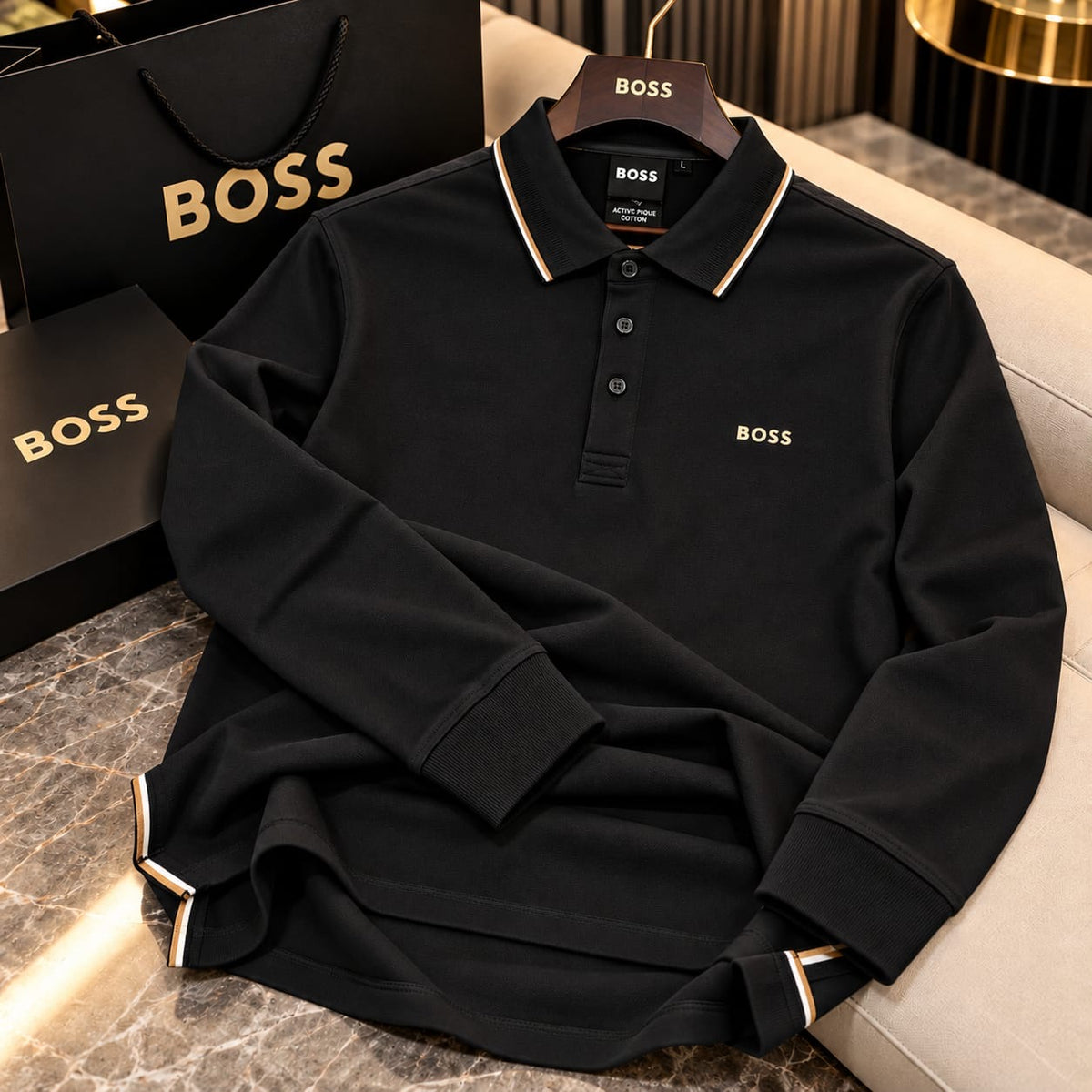 Men’s Premium Long-Sleeve Cotton Piqué Polo T-Shirt with Tipped Collar