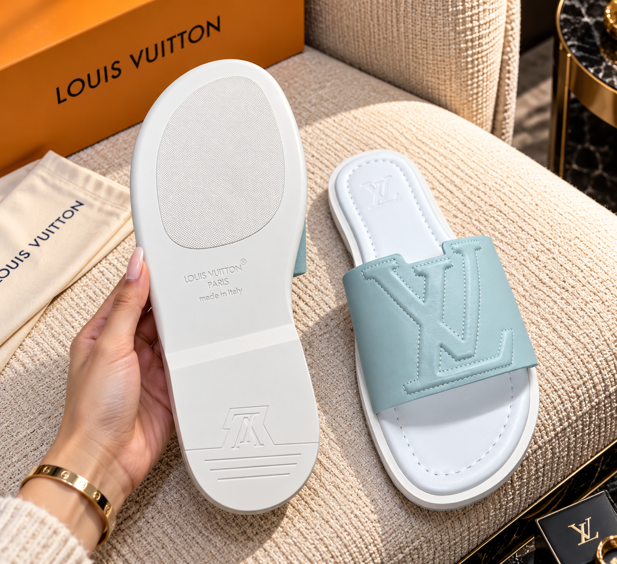 Embossed Leather Open-Toe Pool Slides / Mule Sandals