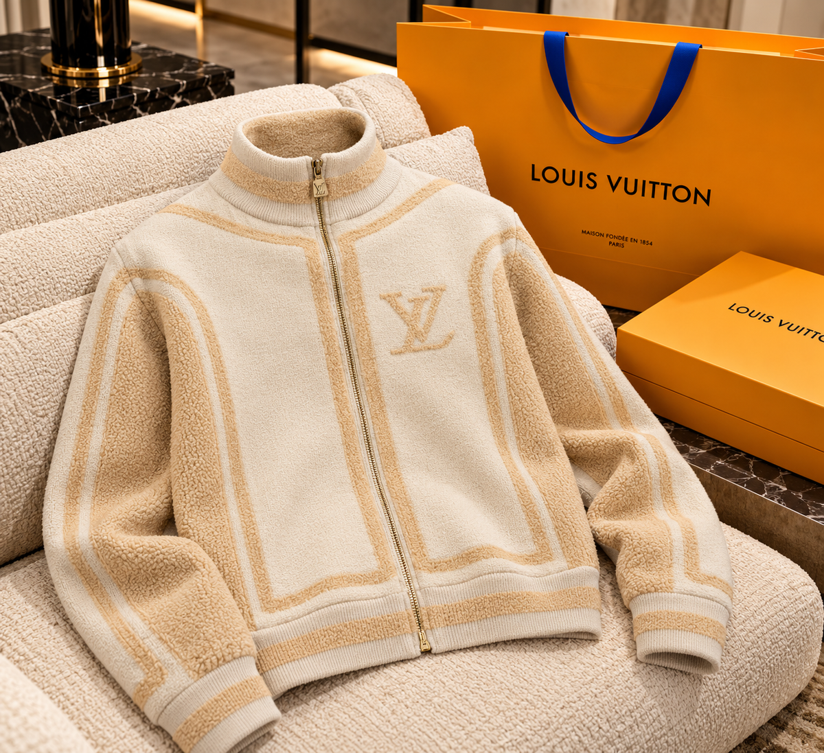 Plush Shearling-Trimmed Zip-Up Track Jacket