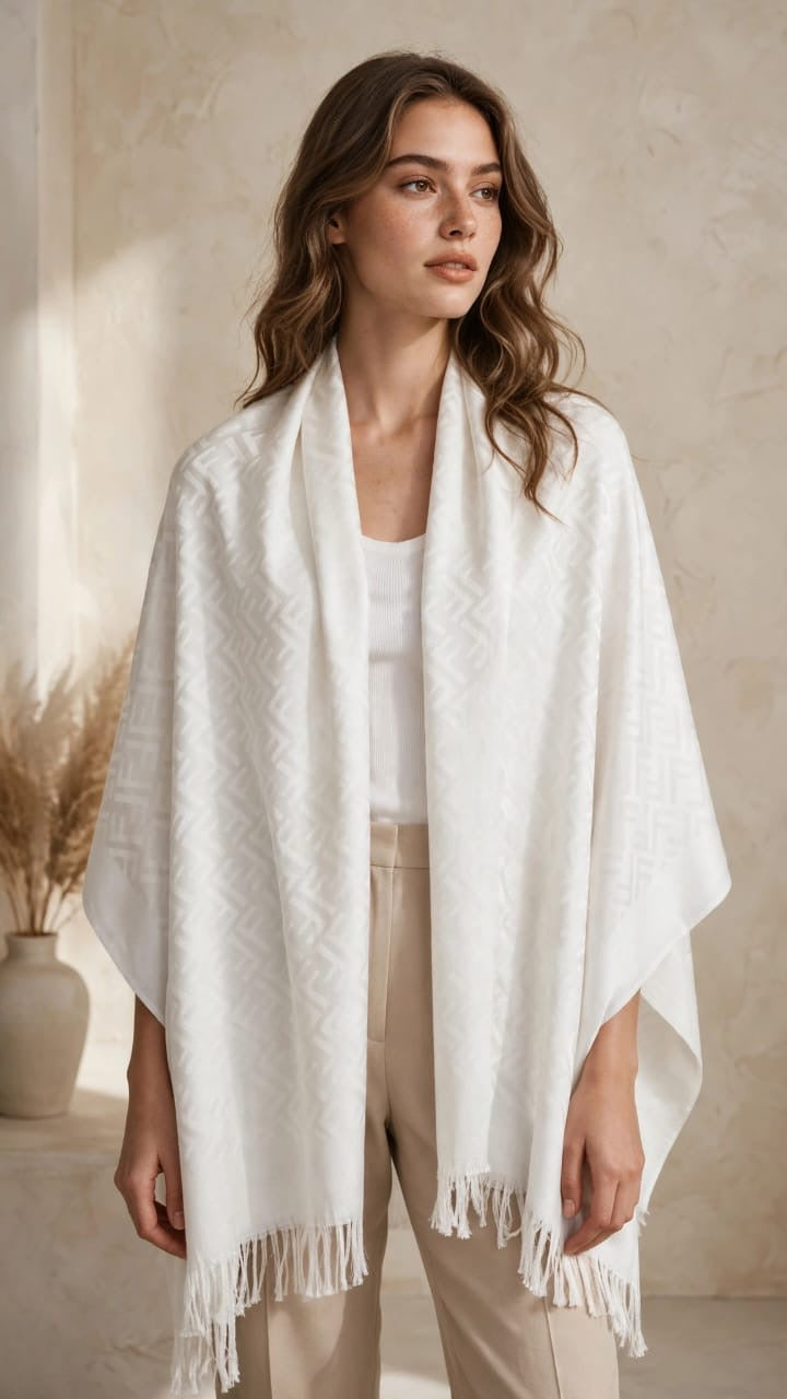 Women's Jacquard Monogram Fringed Cape Shawl