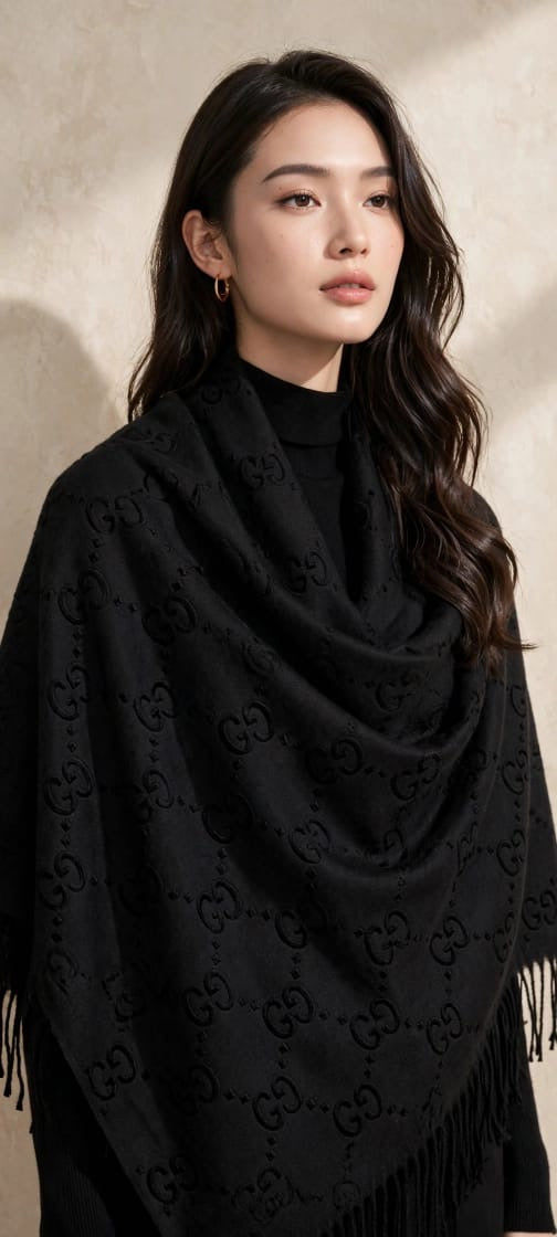 Women's Embossed Monogram Cashmere Wrap Stole with Tassel Fringe
