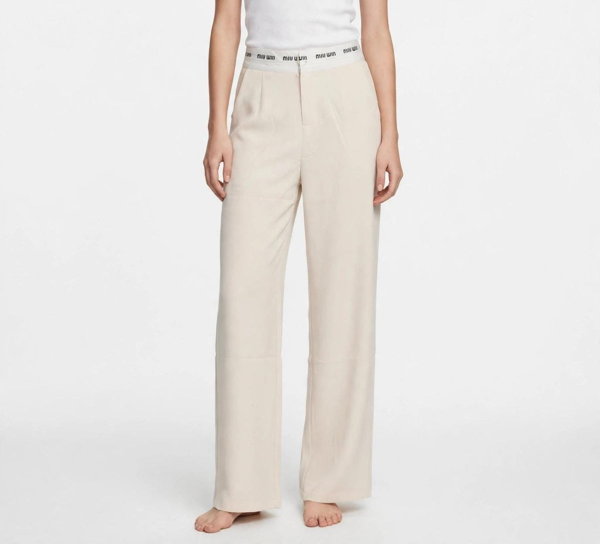 Women's High-Waisted Pleated Wide-Leg Trousers with Elastic Logo Waistband
