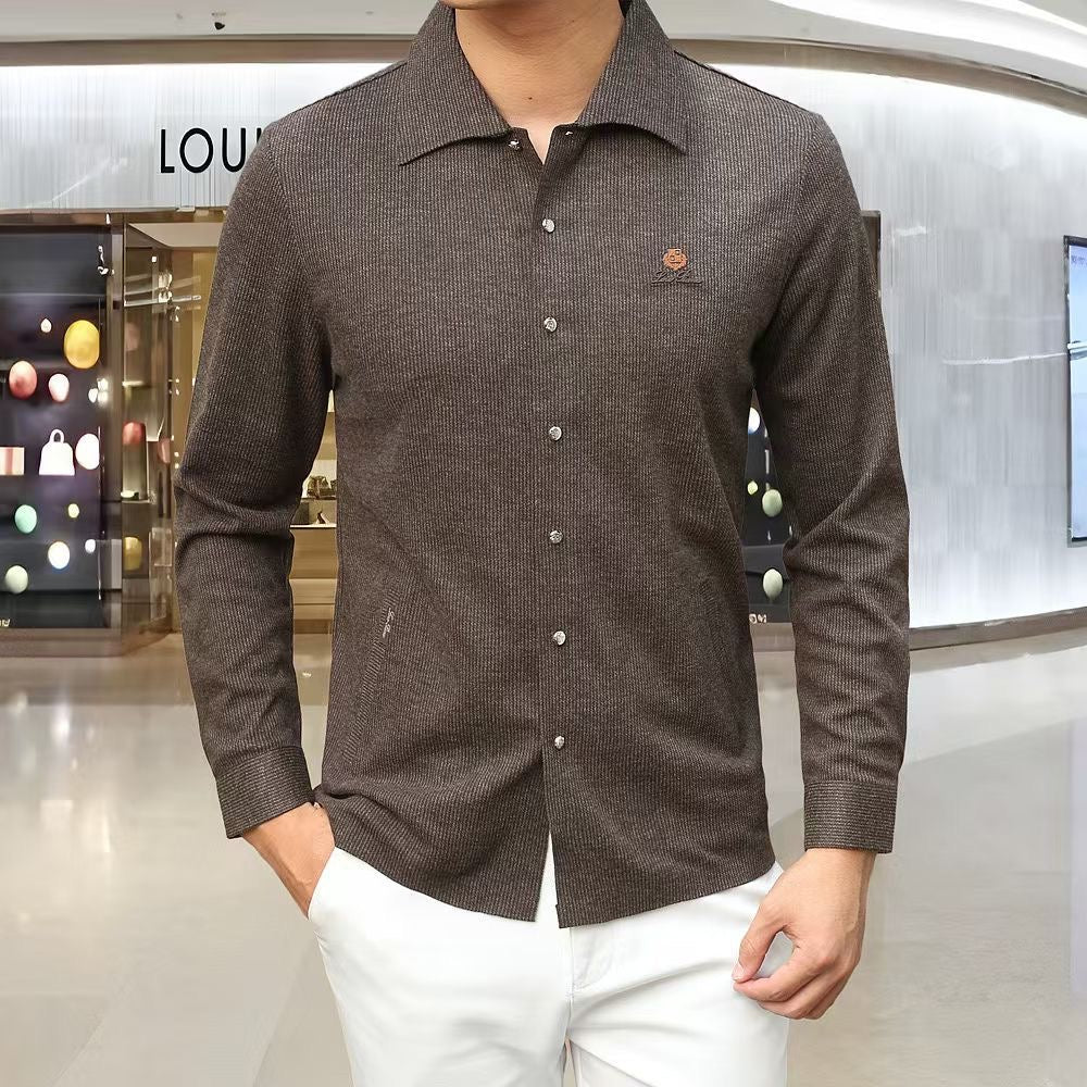 Smart Casual Long-Sleeve Textured Knit Shirt with Side Pocket