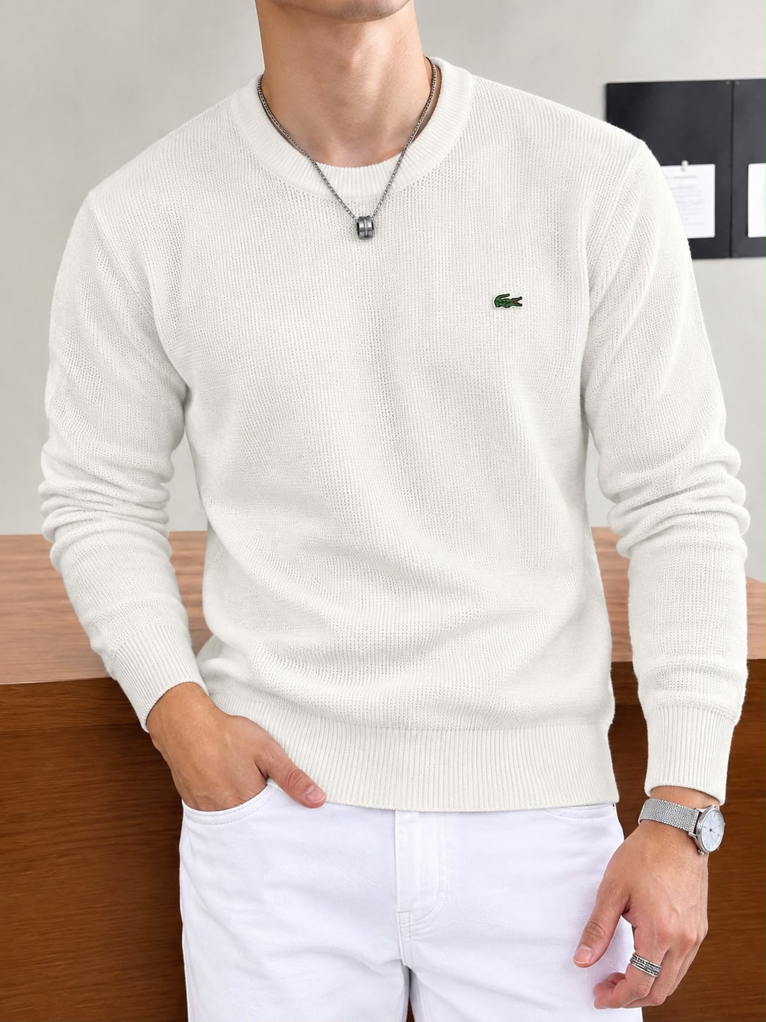 Textured Waffle-Knit Long-Sleeve Crewneck Sweater