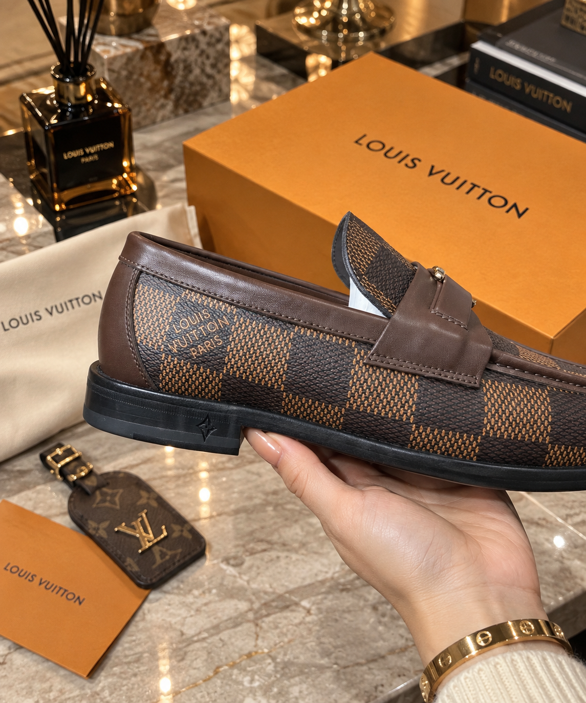 Damier Canvas Dress Loafers with Initial Buckle Strap