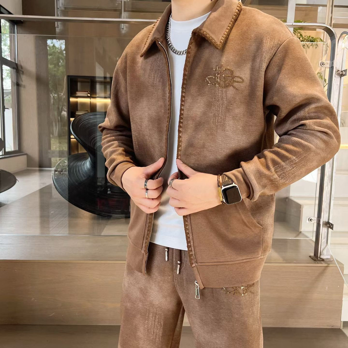 Men's Vintage Washed Zip-Up Jacket & Track Pants Two-Piece Set – Chestnut Brown