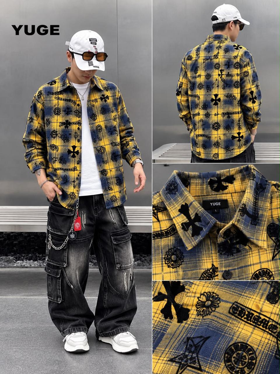 Cross Printed Plaid Oversized Flannel Shirt