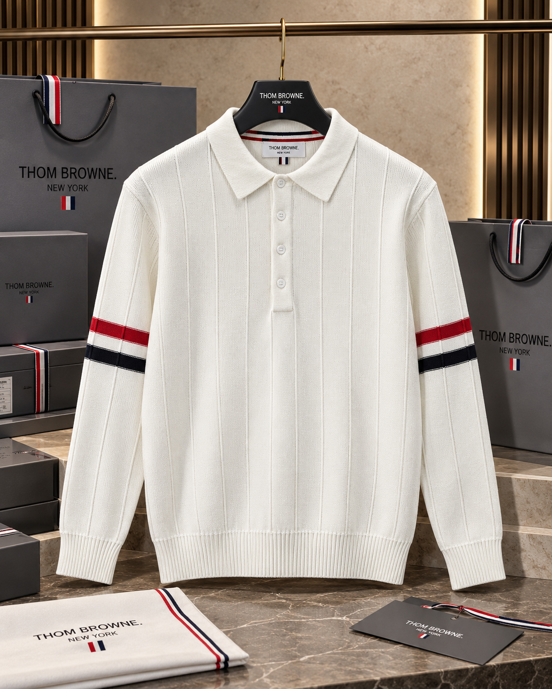 Premium Ribbed Knit Full-Sleeve Polo Sweater