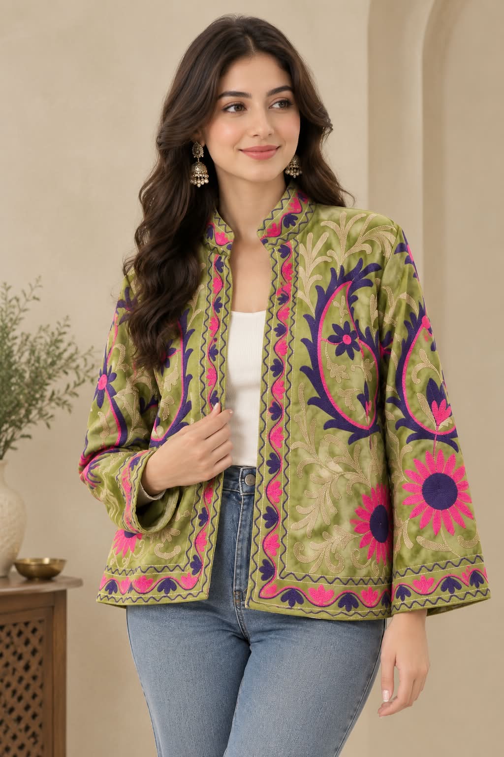Women's Boho Floral & Peacock Embroidered Open-Front Jacket