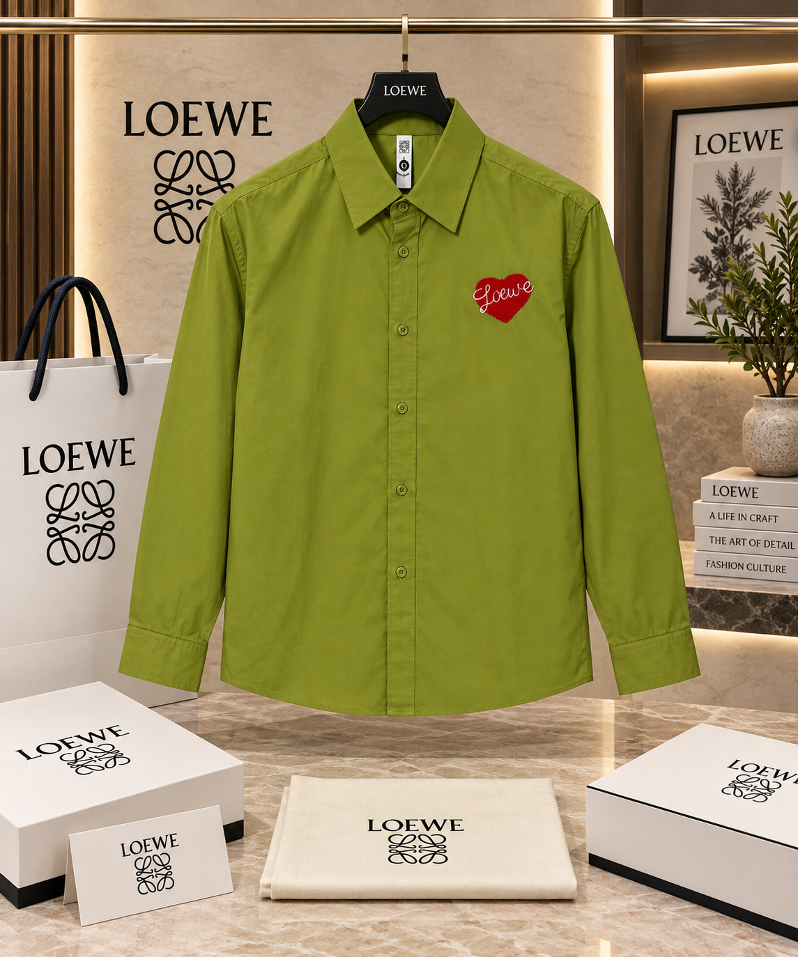 Men’s Heart Patch Long-Sleeve Cotton Shirt with Textured Embroidered Back
