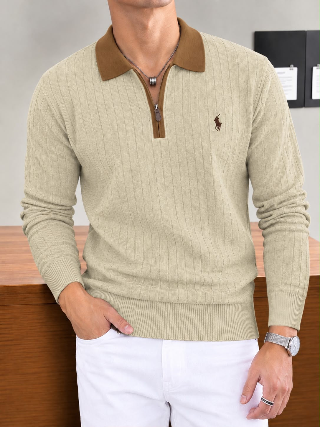 Slim Fit Two-Tone Half-Zip Ribbed Sweater Polo