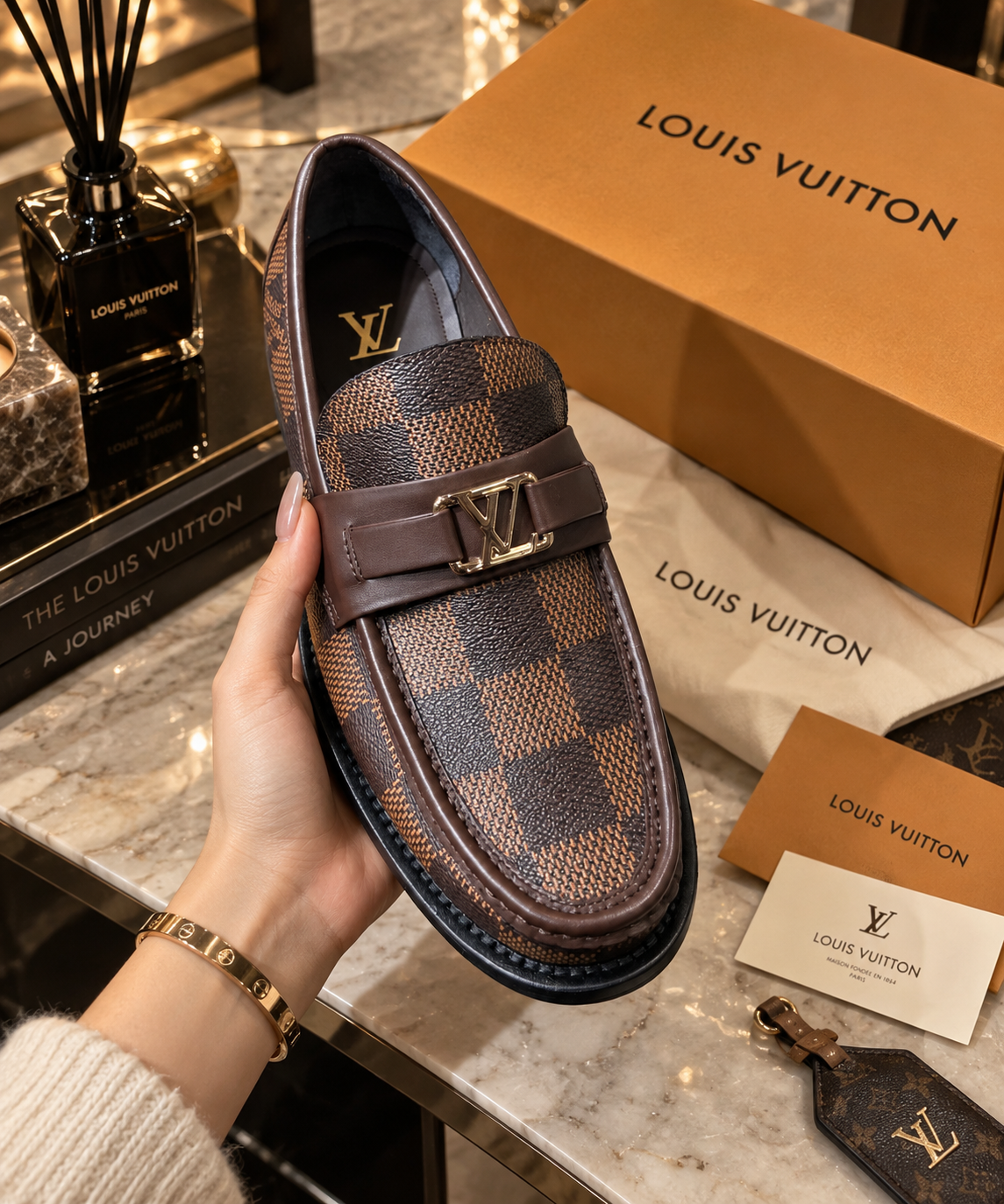 Damier Canvas Dress Loafers with Initial Buckle Strap