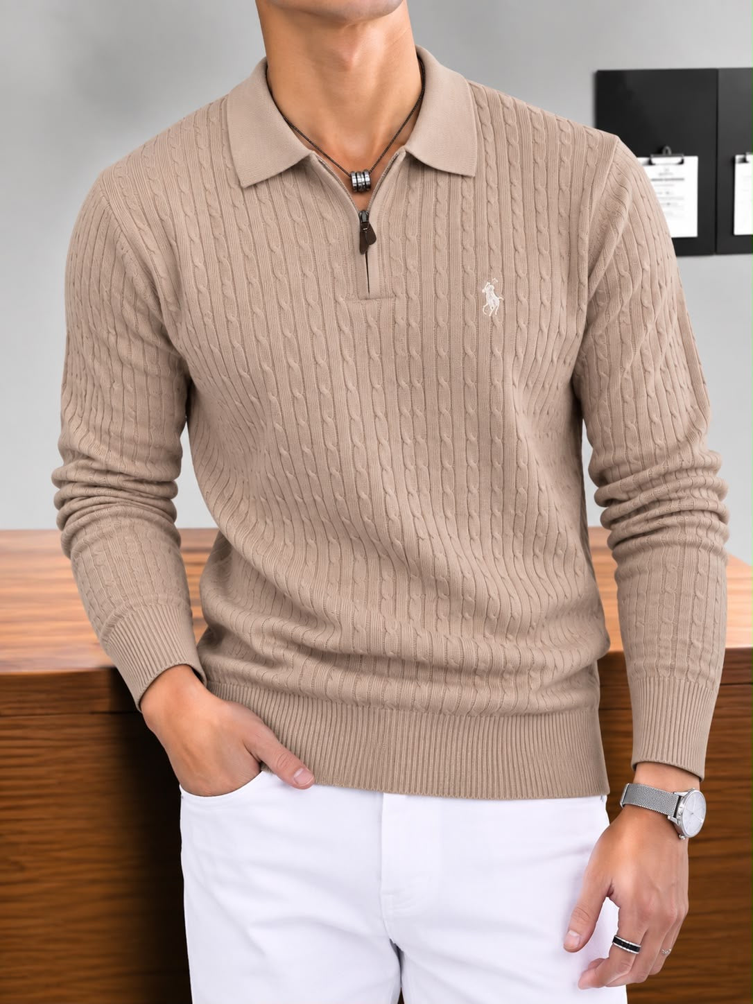 Men's Quarter-Zip Cable Knit Sweater with Spread Collar