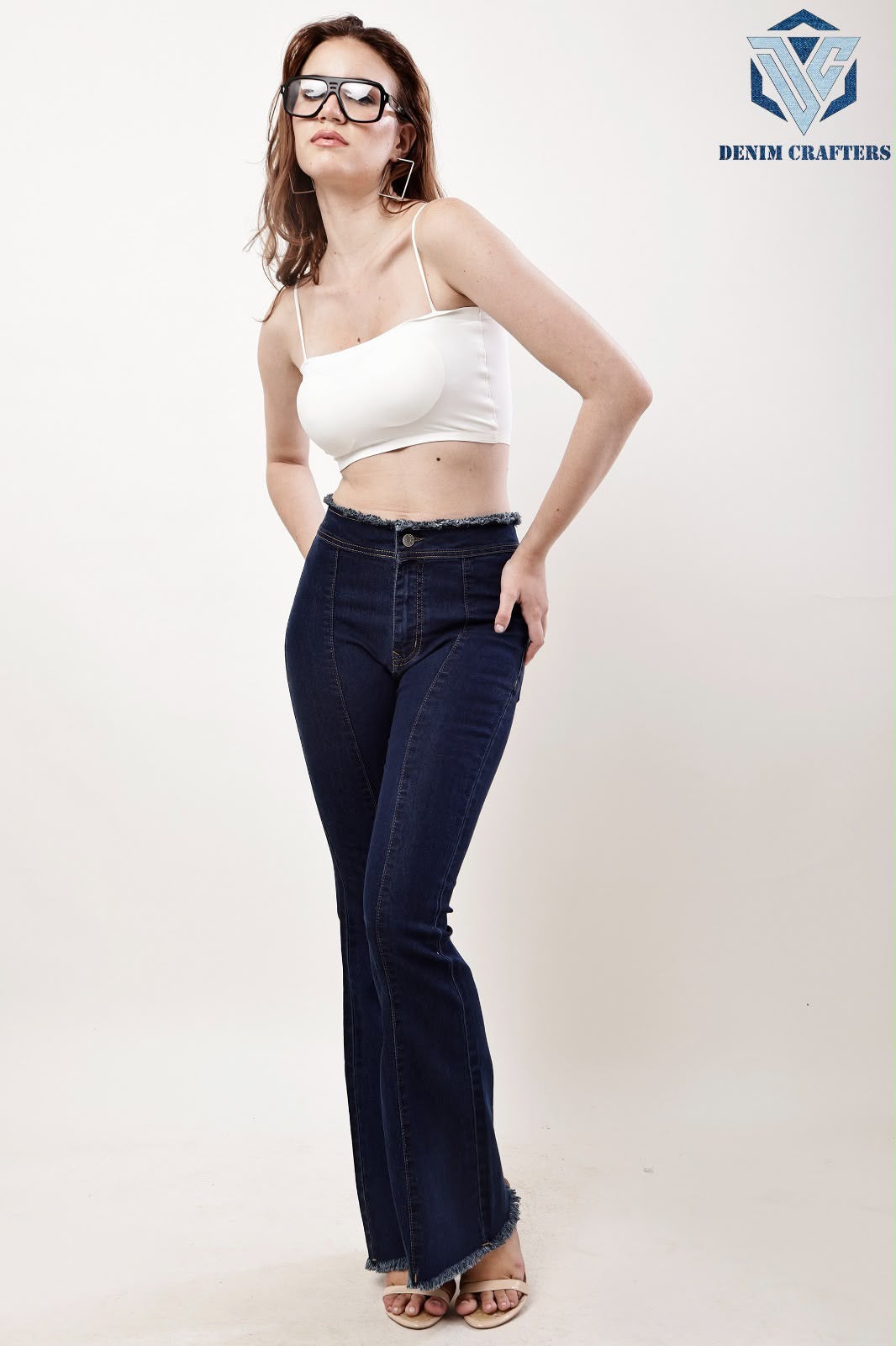 Waisted Dark Wash Flare Jeans with Fringed Waistband & Raw Hem