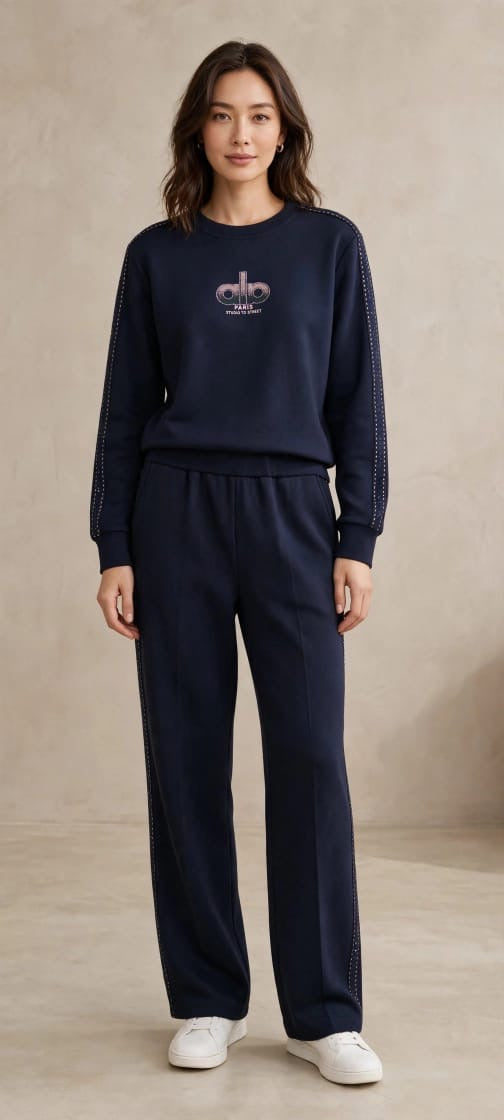 Studded Side-Stripe Crewneck Sweatshirt & Wide-Leg Track Pants Set