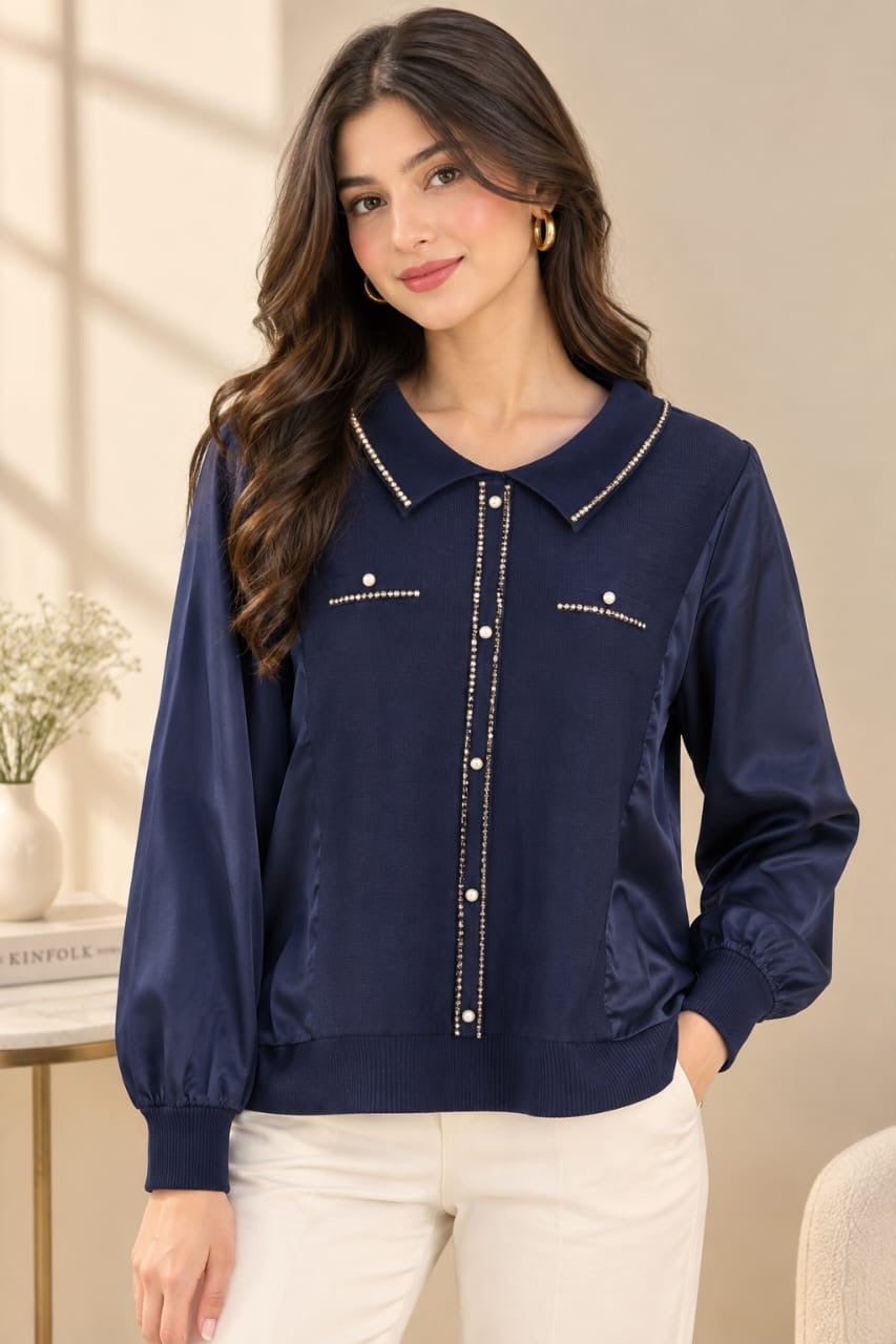 Elegant Pearl-Button Long-Sleeve Top with Ribbed Trim