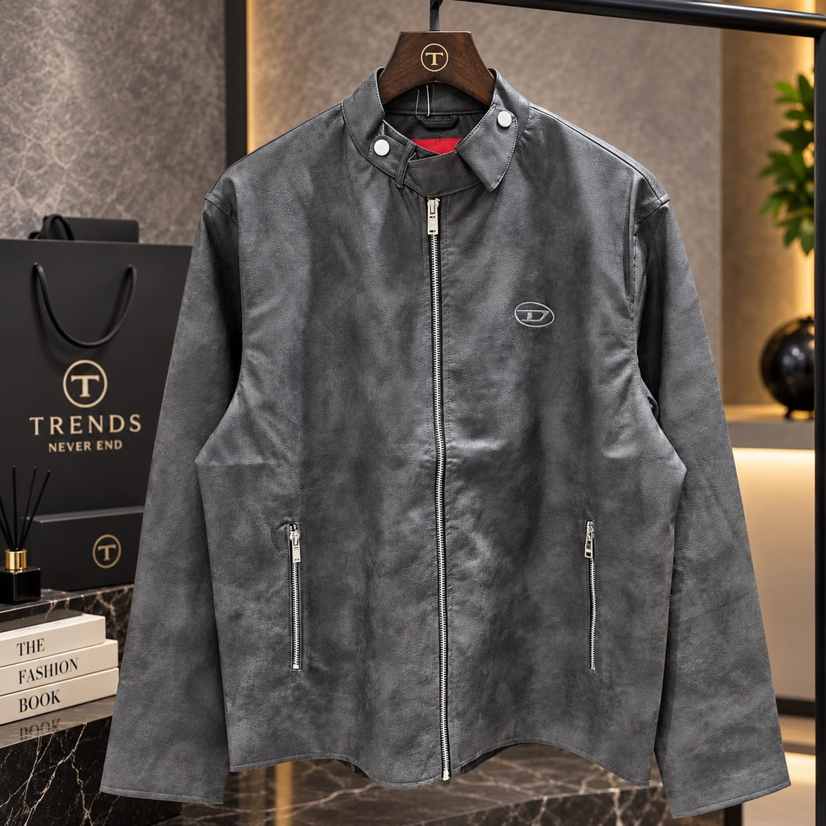 Men's Textured Faux-Leather Cafe Racer Jacket | Slim-Fit Stand-Collar Outerwear
