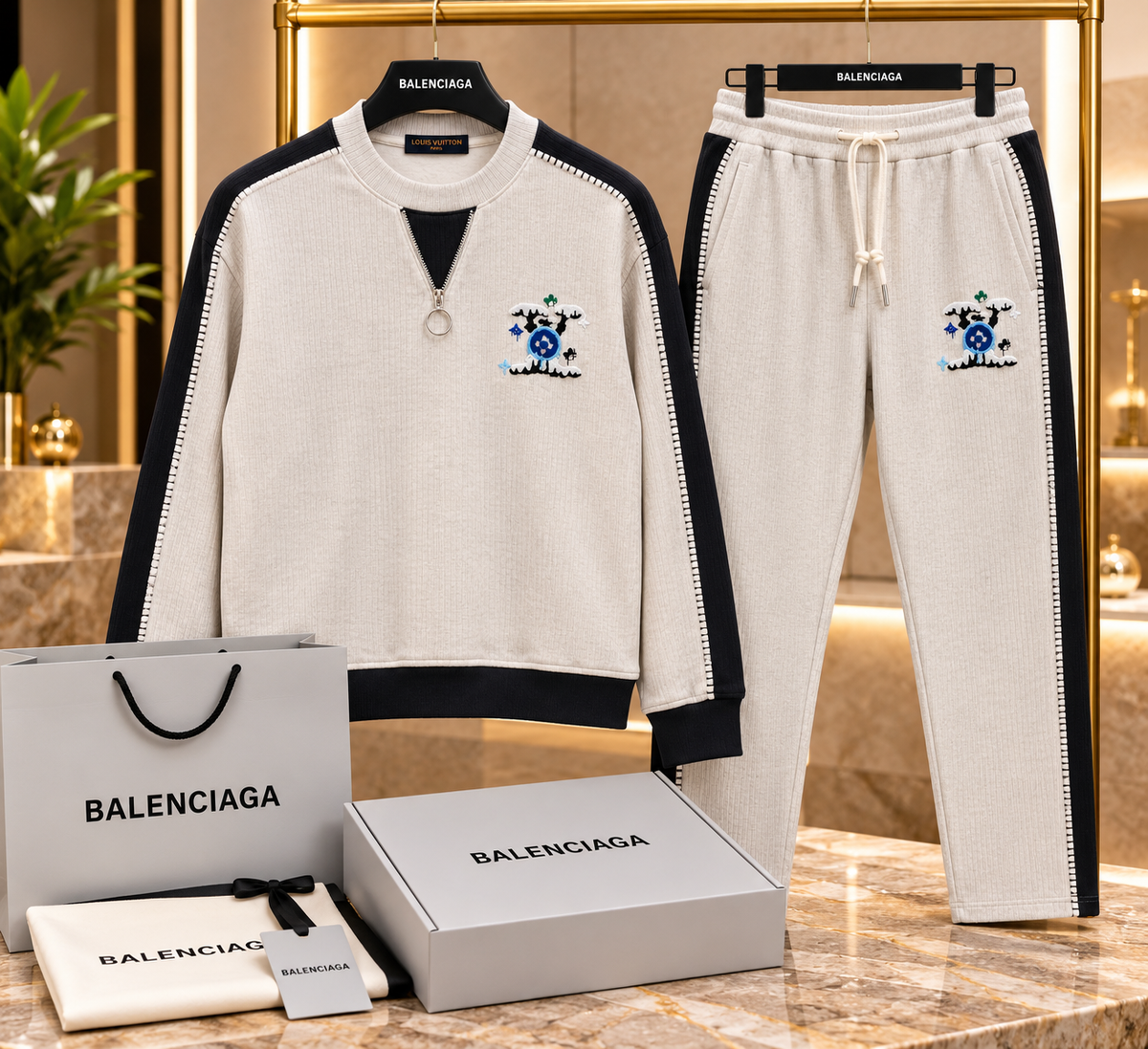 Men's Half-Zip Sweatshirt & Track Pants Two-Piece Set – Off-White & Black