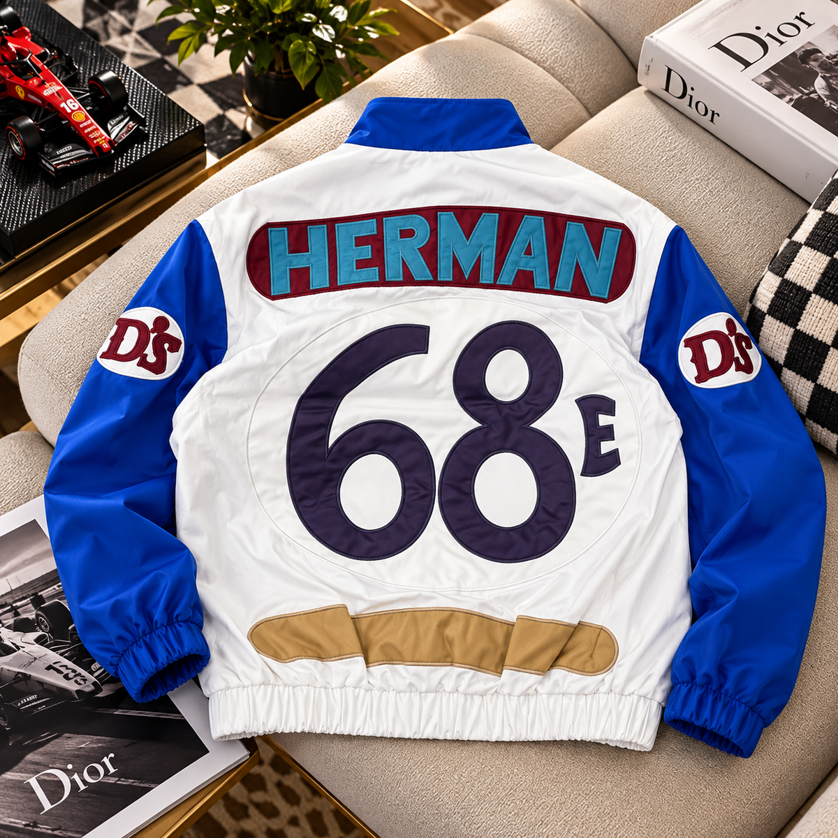Retro Two-Tone Racing Windbreaker Jacket with Multi-Patch Graphics