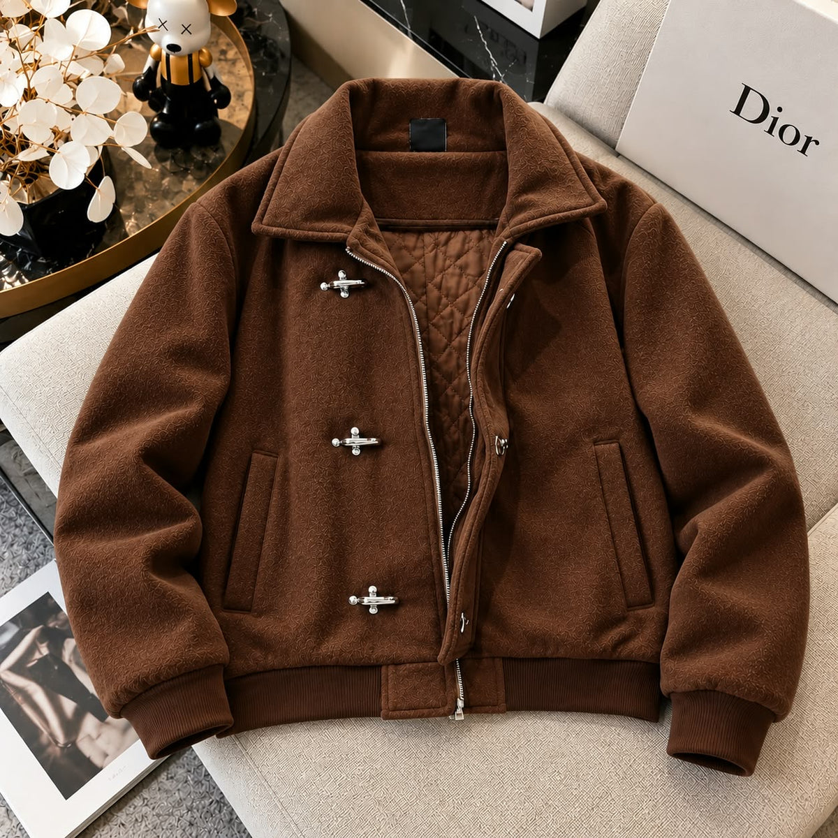 Textured Wool-Blend Bomber Jacket with Metallic Clasp Closures