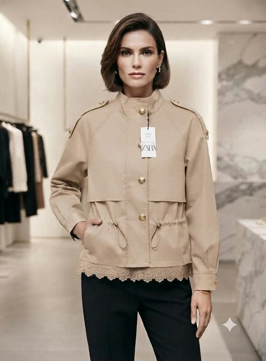 Women's Utility High-Neck Jacket with Lace Hem & Adjustable Drawstring Waist