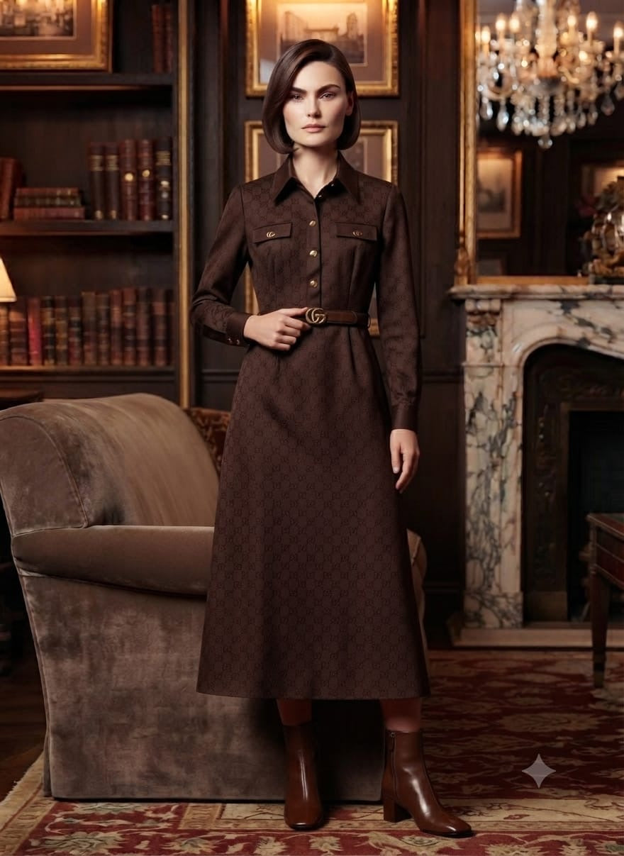 GG Monogram Belted Jacquard Long-Sleeve Midi Shirt Dress