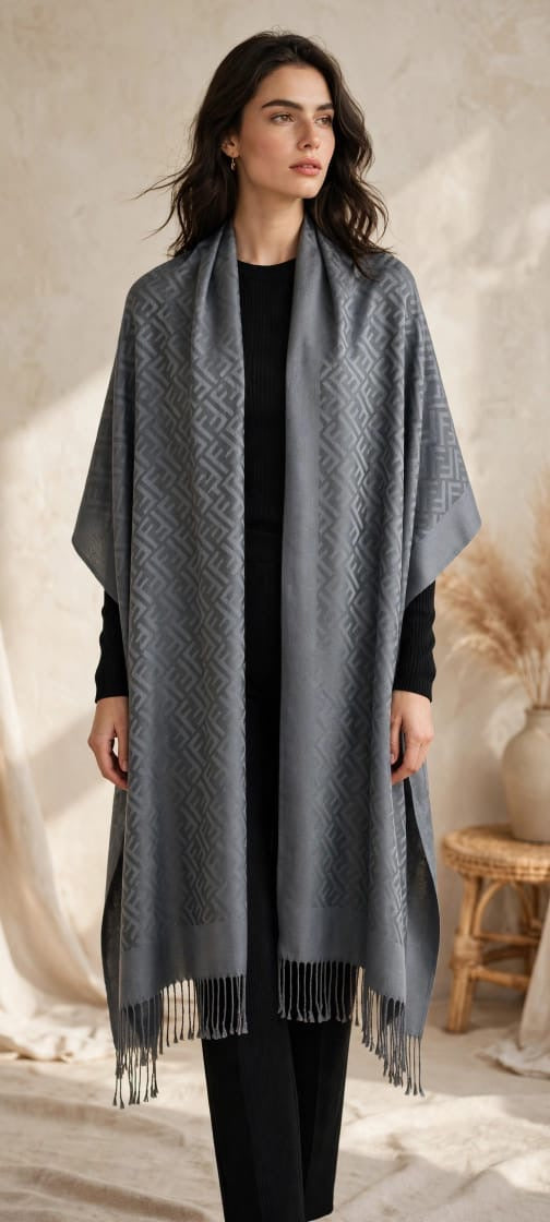 Women's Jacquard Monogram Fringed Cape Shawl