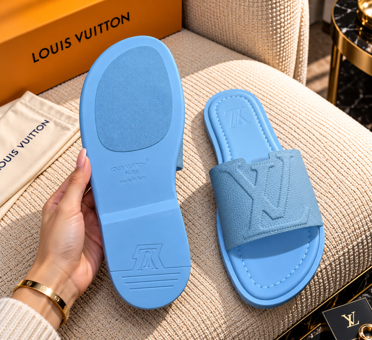 Embossed Leather Open-Toe Pool Slides / Mule Sandals