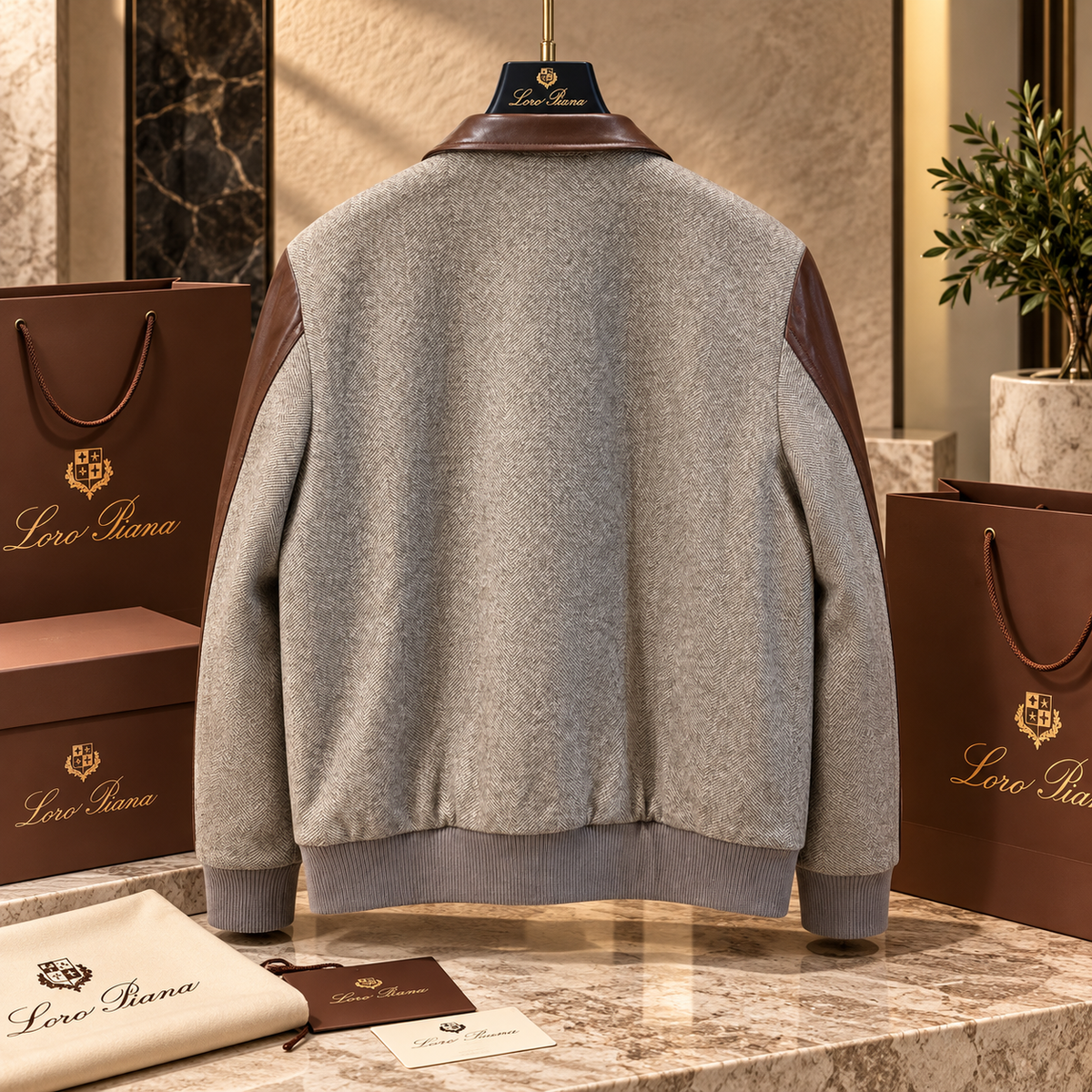 Herringbone Wool & Genuine Leather Bomber Jacket – Premium Contrast Sleeve Vintage Flight Jacket